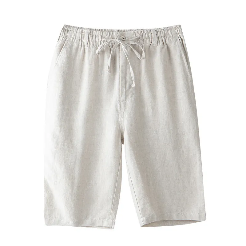 Men's light grey linen capris with straight-leg loose fit on hanger