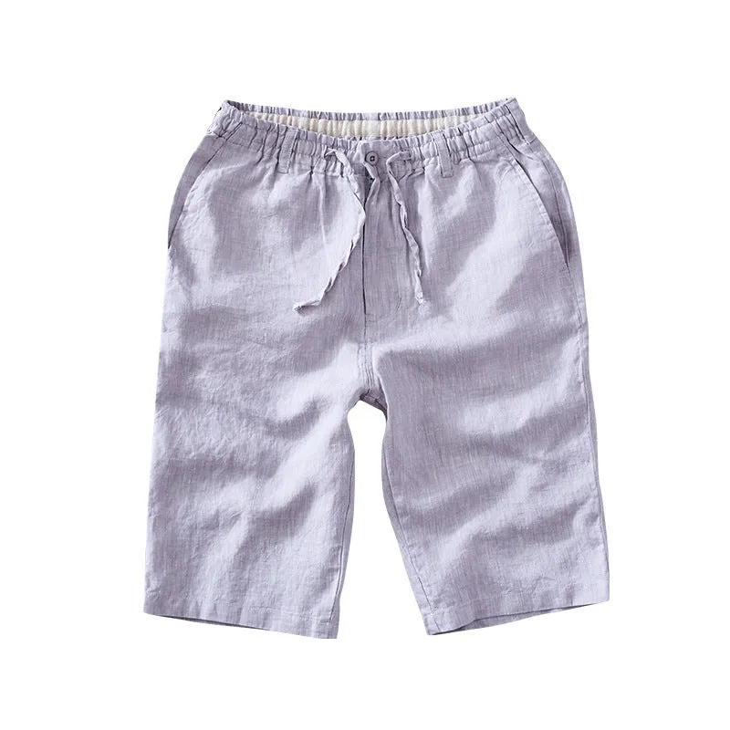 Men's light grey linen capris with straight-leg loose fit on hanger