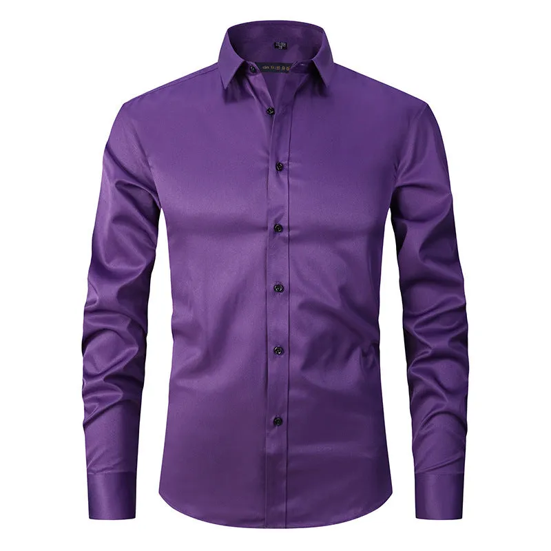 Men's long sleeve polyester work shirt on a hanger, shown in a light colour, demonstrating its professional style.