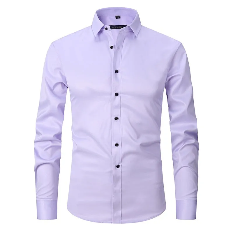 Men's long sleeve polyester work shirt on a hanger, shown in a light colour, demonstrating its professional style.