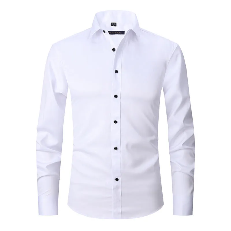 Men's long sleeve polyester work shirt on a hanger, shown in a light colour, demonstrating its professional style.