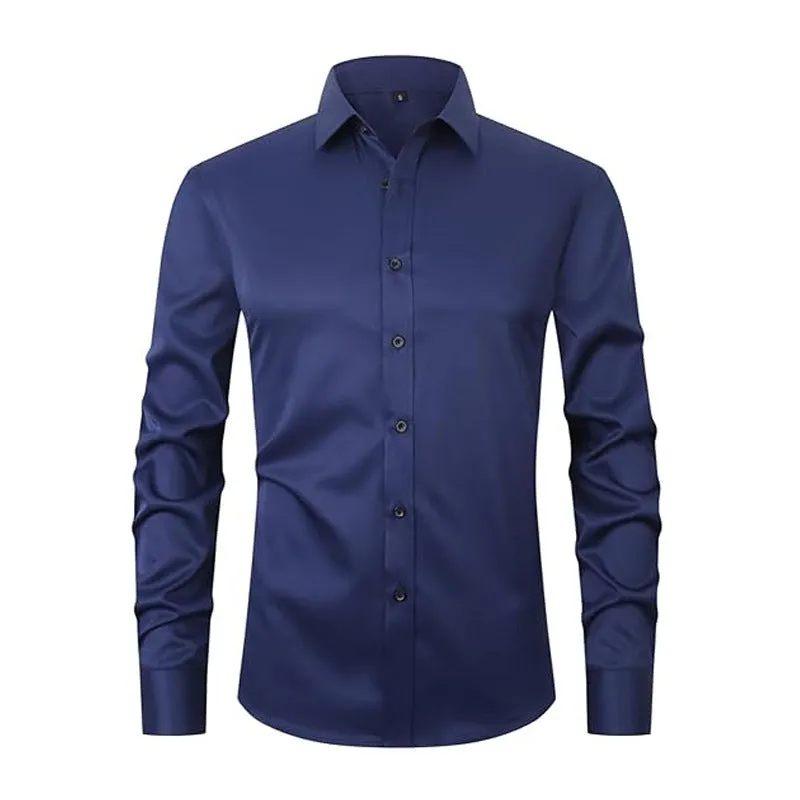 Men's long sleeve polyester work shirt on a hanger, shown in a light colour, demonstrating its professional style.