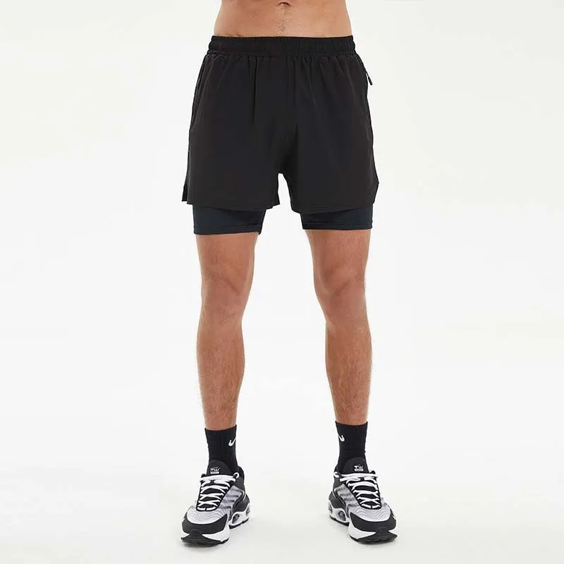 Men's black running shorts with built-in liner and high elastic waistband for summer fitness