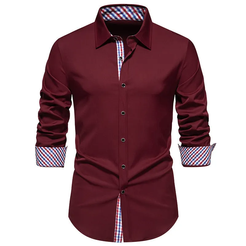 Men's loose fit plaid long-sleeved casual shirt in polyester blend fabric