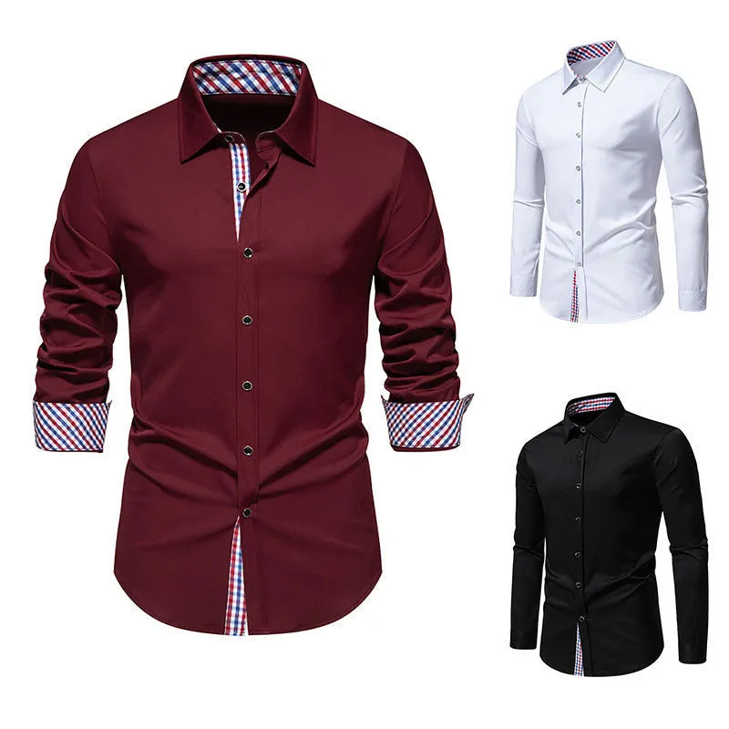 Men's loose fit plaid long-sleeved casual shirt in polyester blend fabric