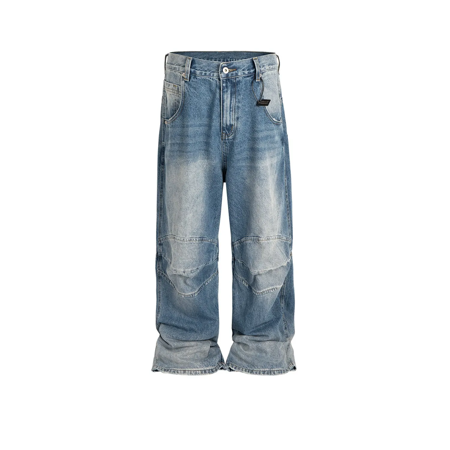 Men's washed blue baggy jeans with pleated front detail and straight-leg cut