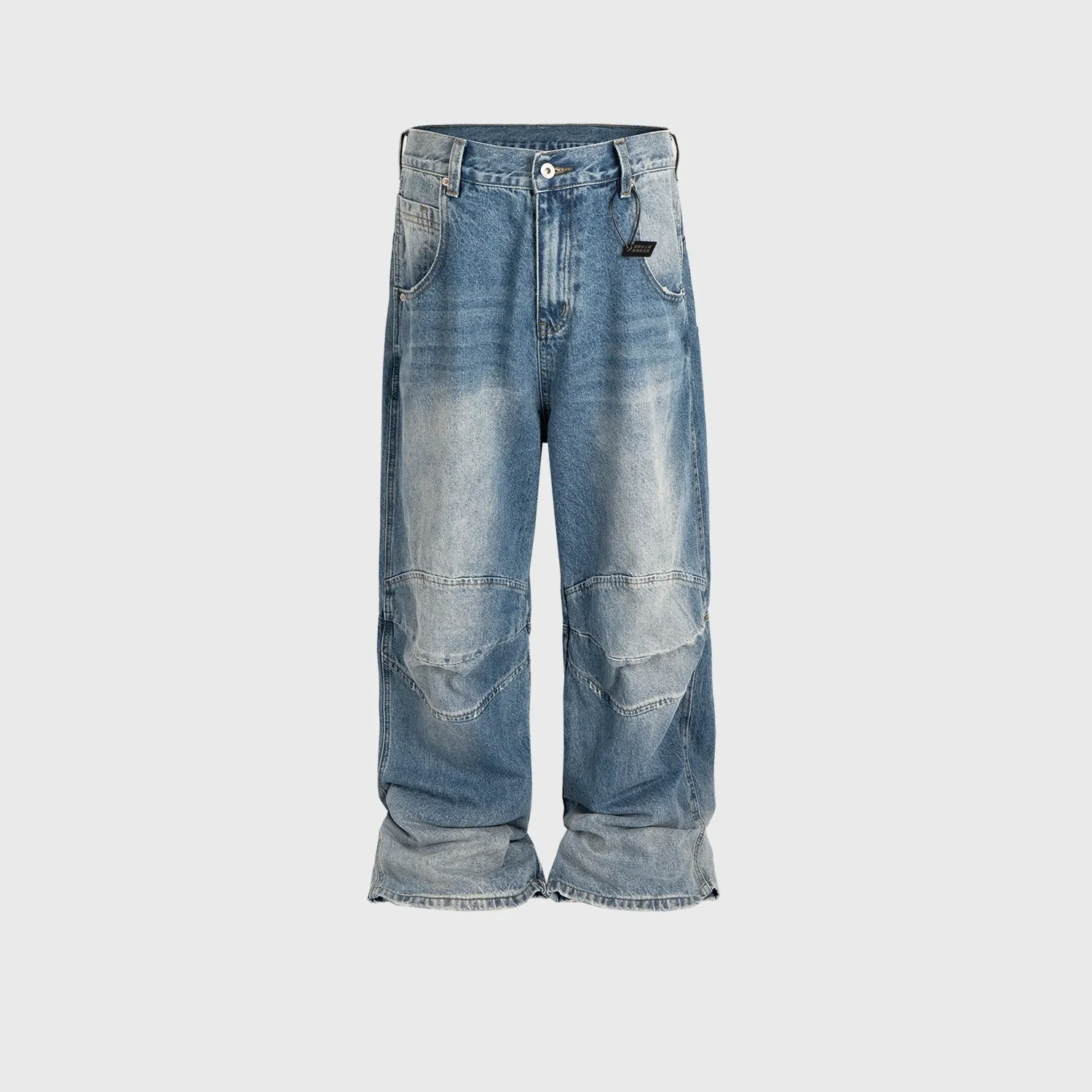 Men's washed blue baggy jeans with pleated front detail and straight-leg cut