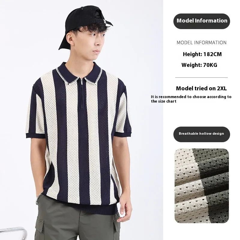 Man modelling a black and white striped short sleeve ice silk sweater with a silver zip detail on the front.