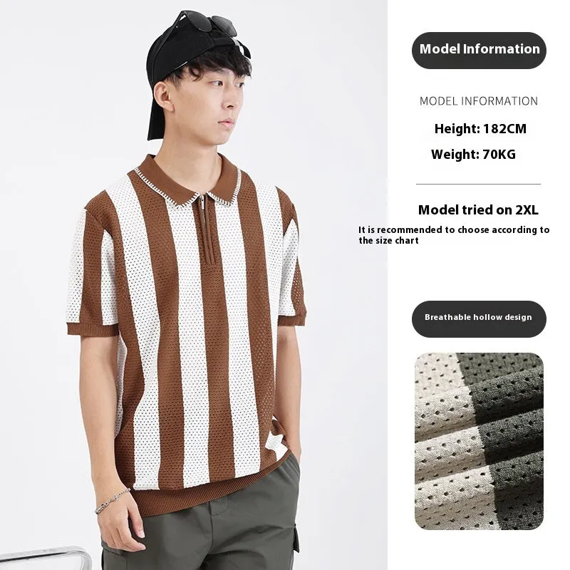 Man modelling a black and white striped short sleeve ice silk sweater with a silver zip detail on the front.