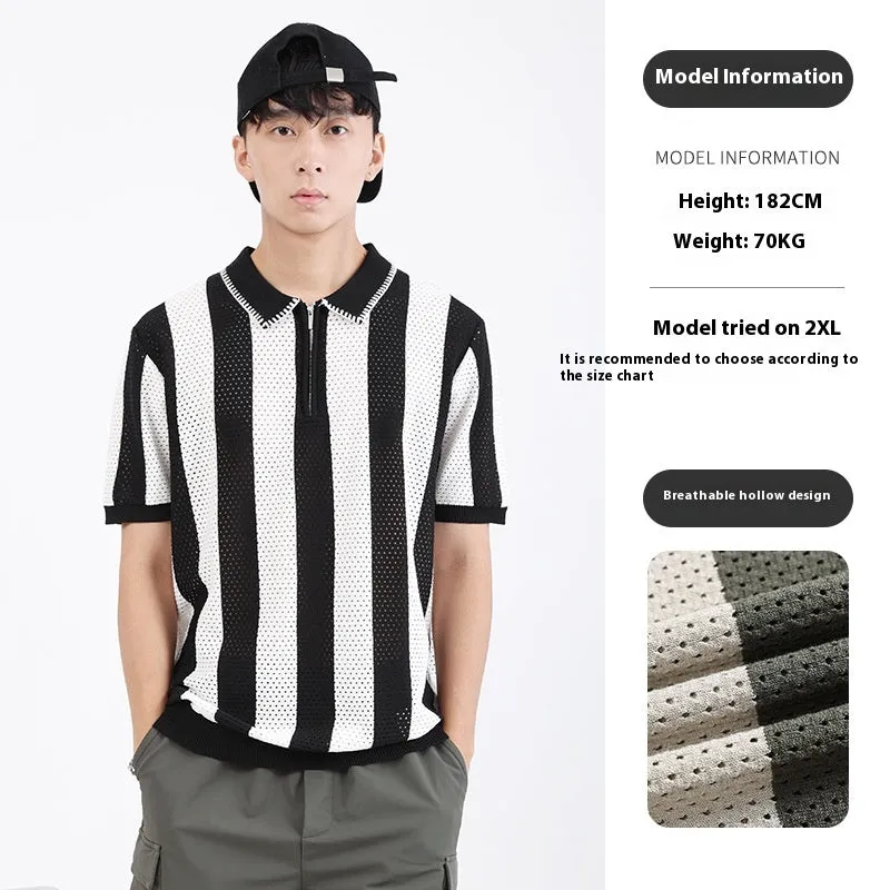 Man modelling a black and white striped short sleeve ice silk sweater with a silver zip detail on the front.