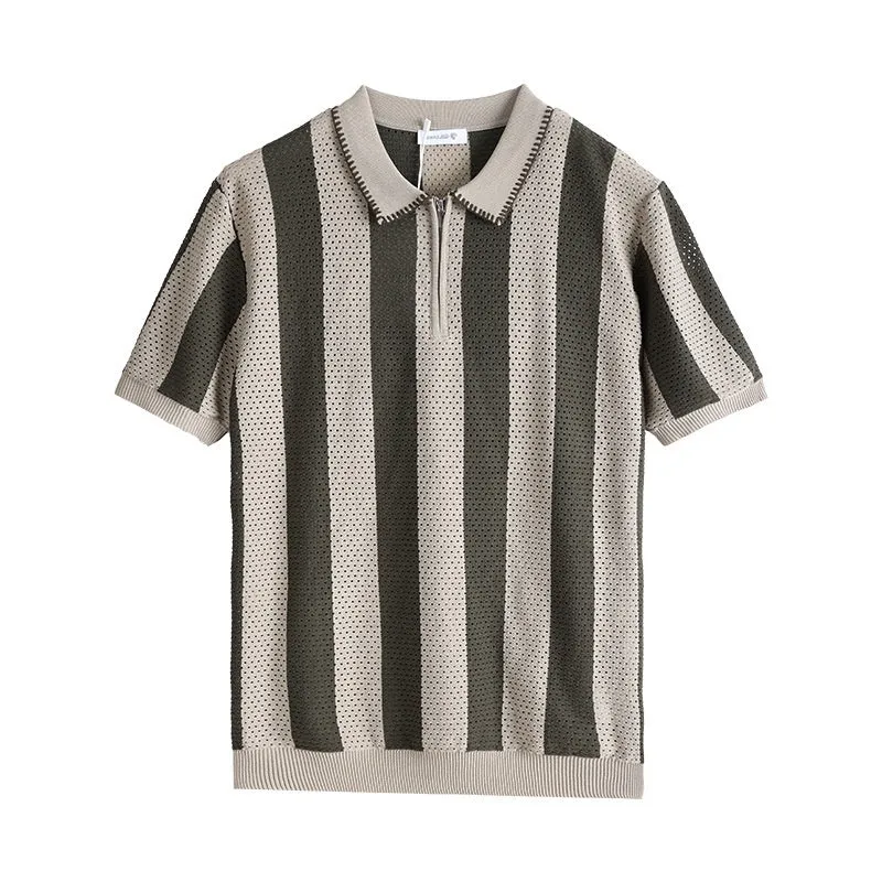 Man modelling a black and white striped short sleeve ice silk sweater with a silver zip detail on the front.
