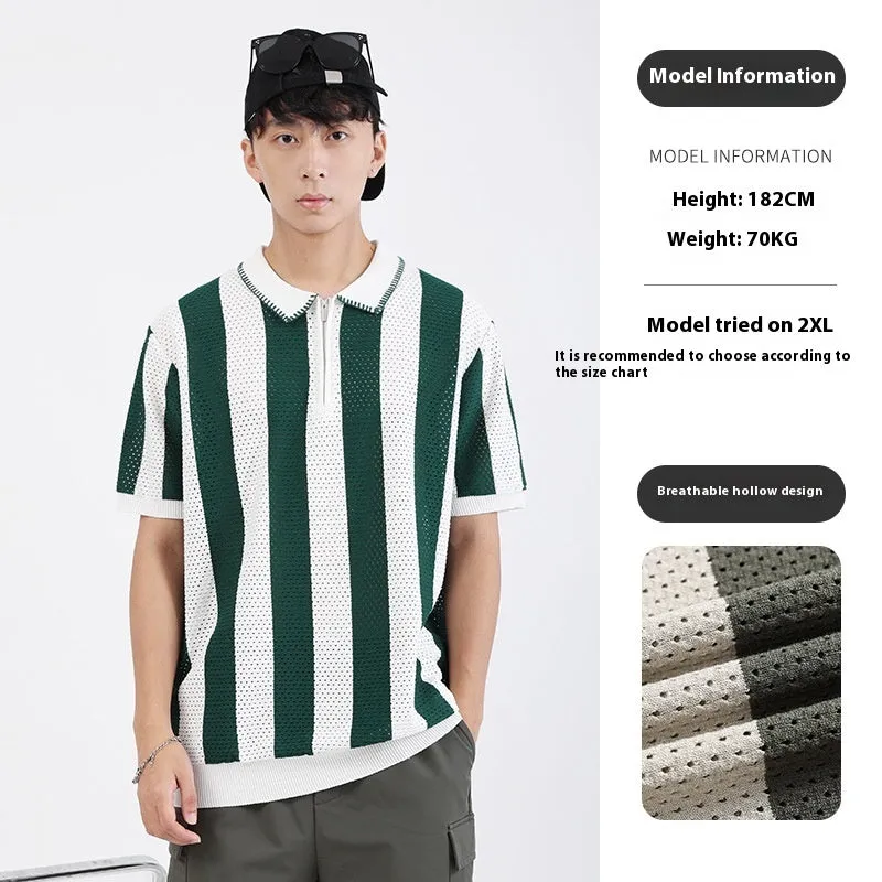 Man modelling a black and white striped short sleeve ice silk sweater with a silver zip detail on the front.