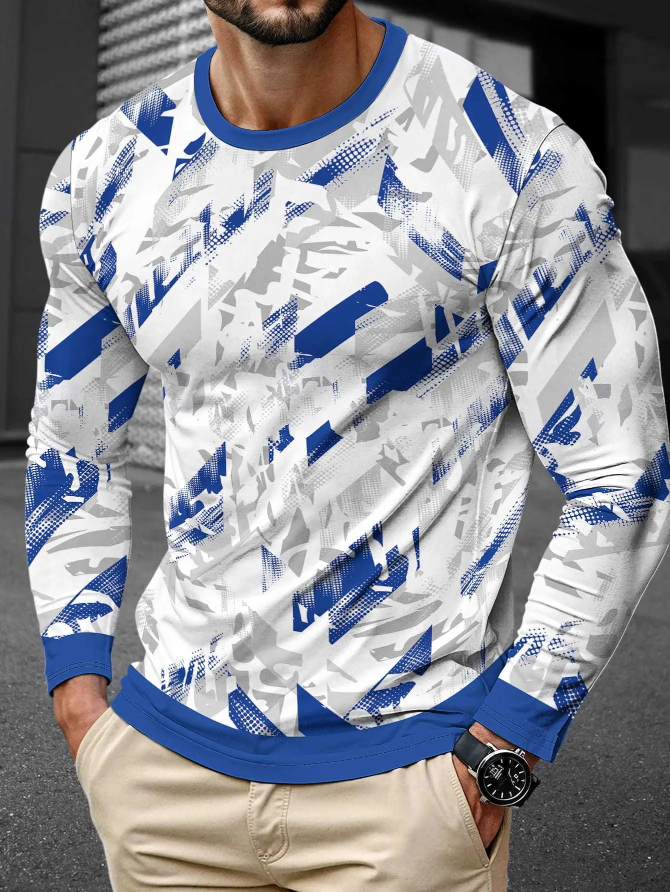 Men's simple long sleeve round neck pullover in milk silk fabric, shown in a casual colour.