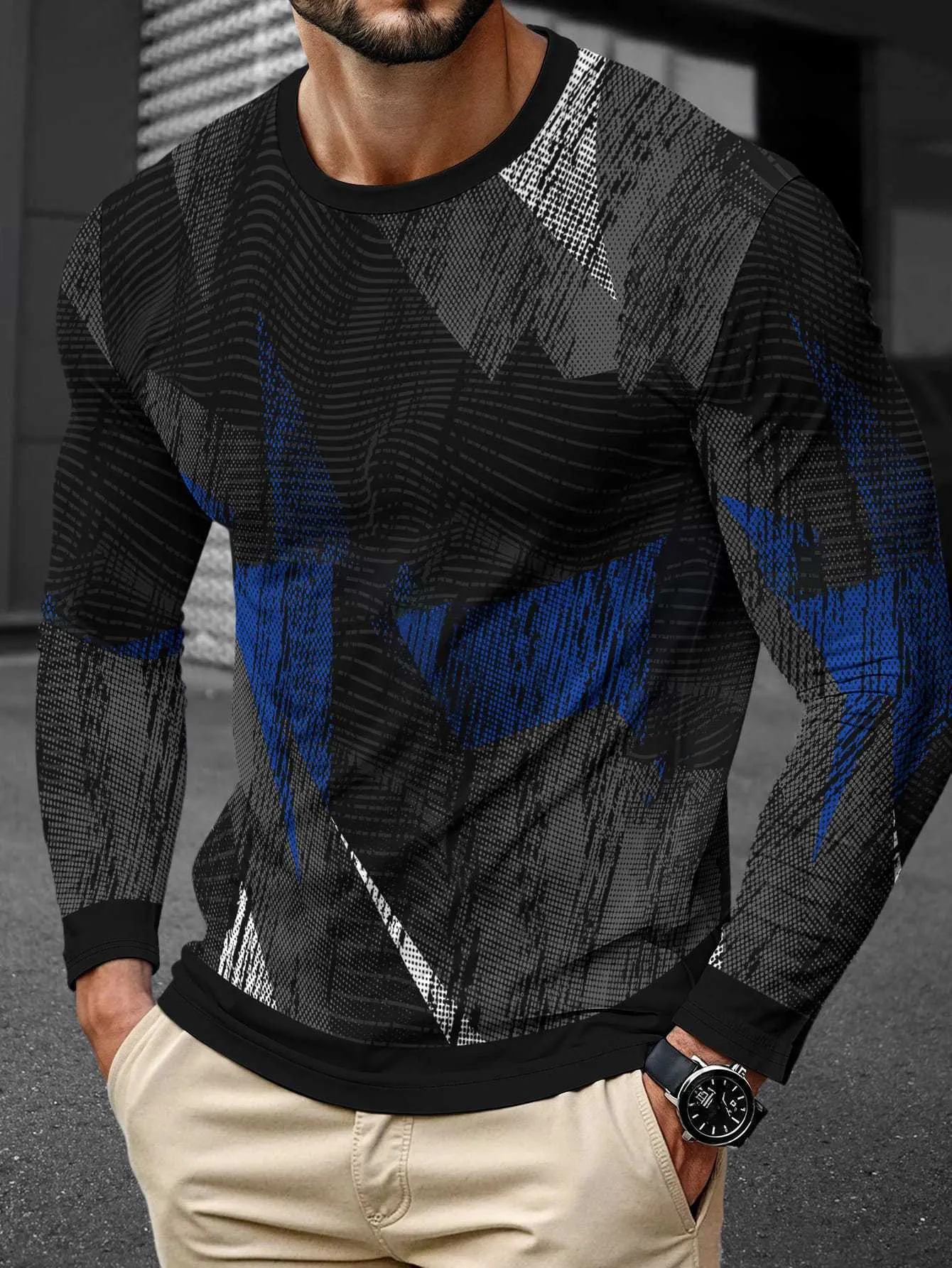 Men's simple long sleeve round neck pullover in milk silk fabric, shown in a casual colour.