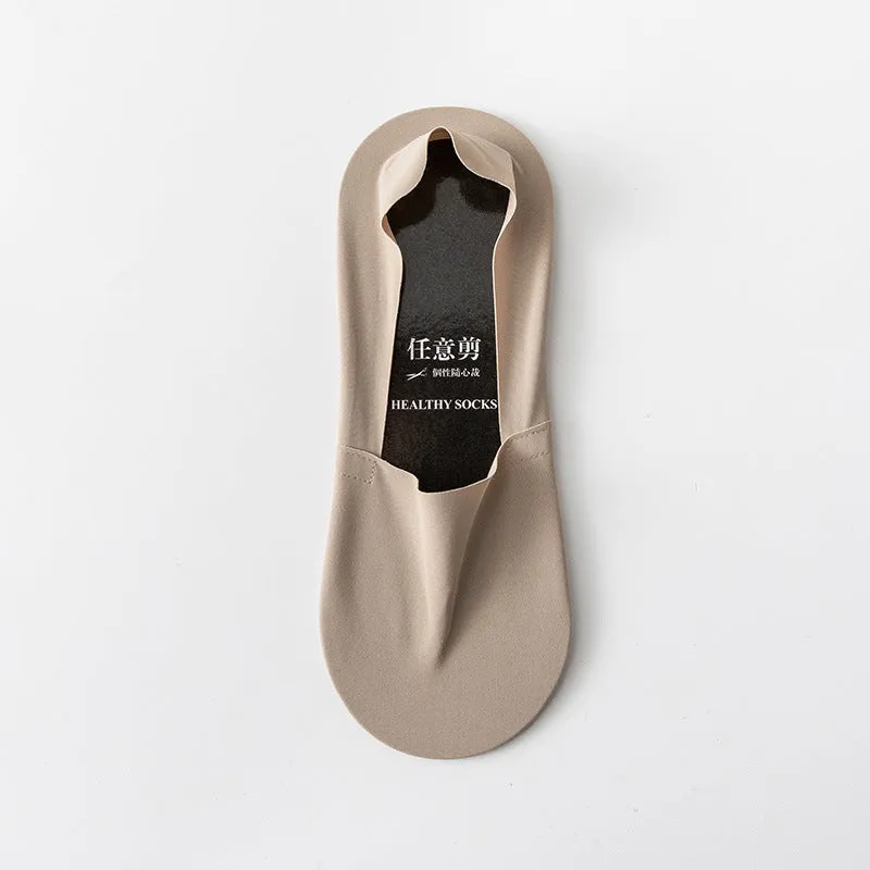 Men's seamless low-cut socks in ice silk and cotton fabric, shown in multiple colours including black, grey, and blue.