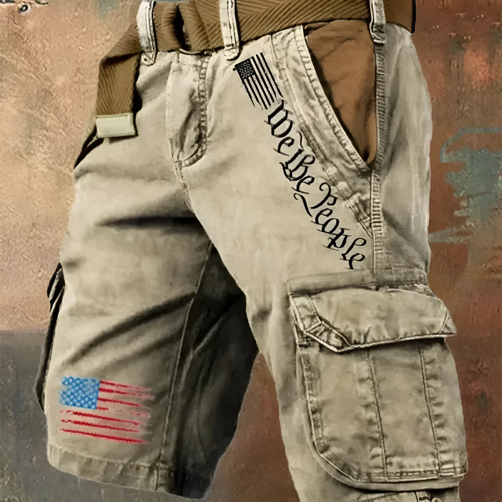 Men's khaki loose-fit thin denim trousers with multiple pockets, shown laid flat.