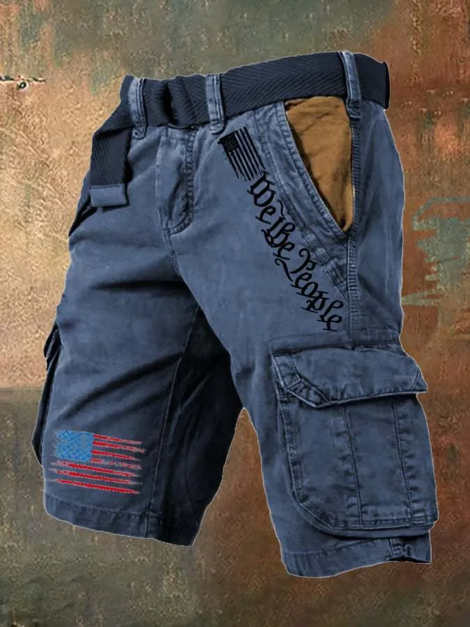 Men's khaki loose-fit thin denim trousers with multiple pockets, shown laid flat.