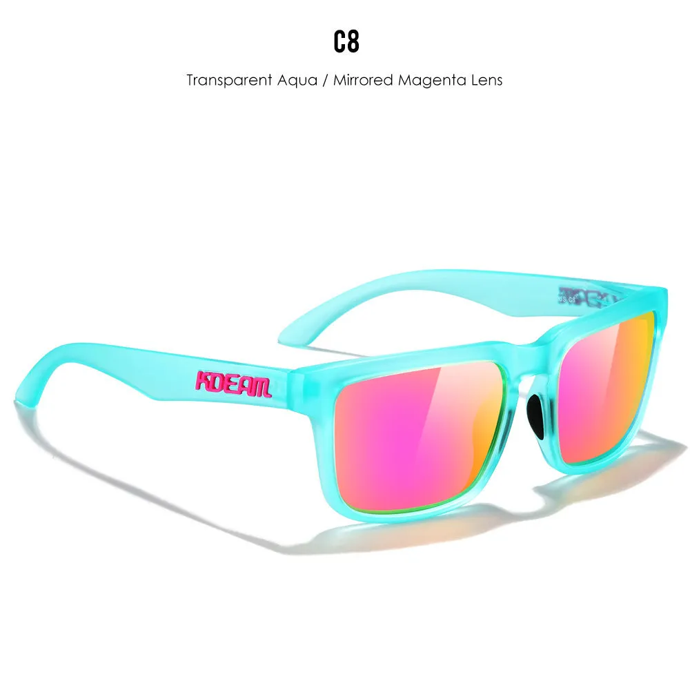 Square polarised sunglasses with TAC lenses and PC frames in multiple colour options