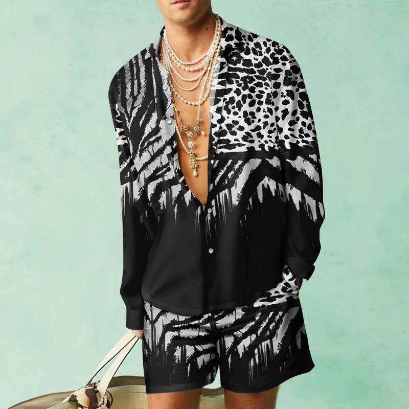 Men's slim fit polyester shirt and loose casual shorts matching set on a hanger.