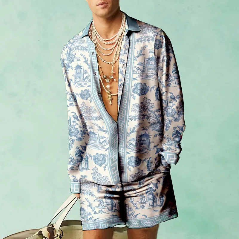 Men's slim fit polyester shirt and loose casual shorts matching set on a hanger.