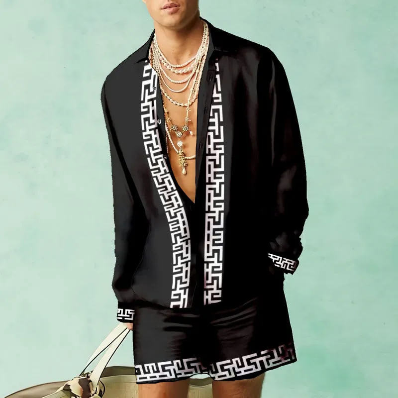 Men's slim fit polyester shirt and loose casual shorts matching set on a hanger.