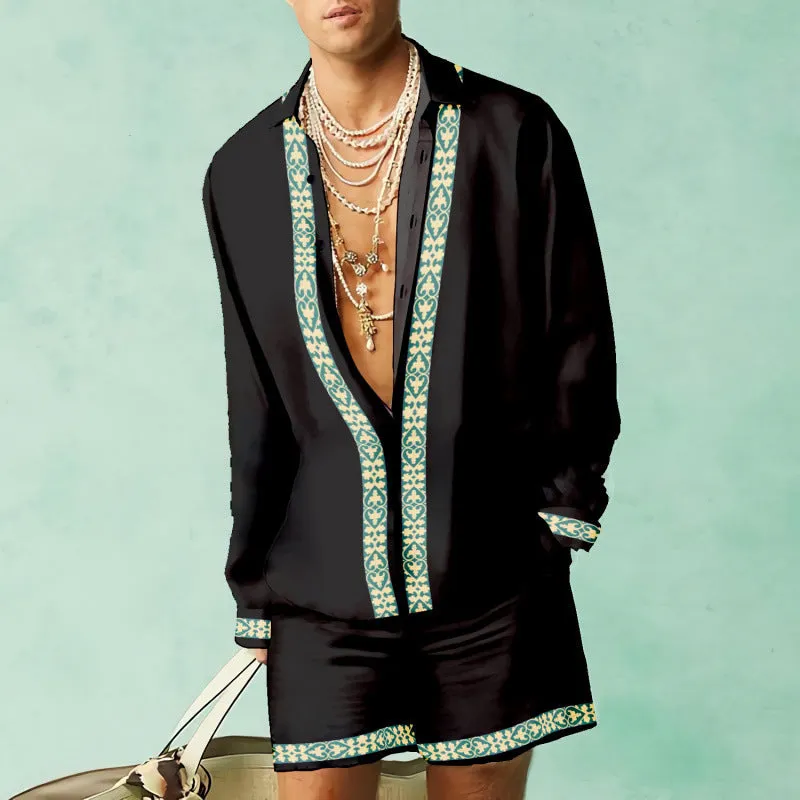 Men's slim fit polyester shirt and loose casual shorts matching set on a hanger.