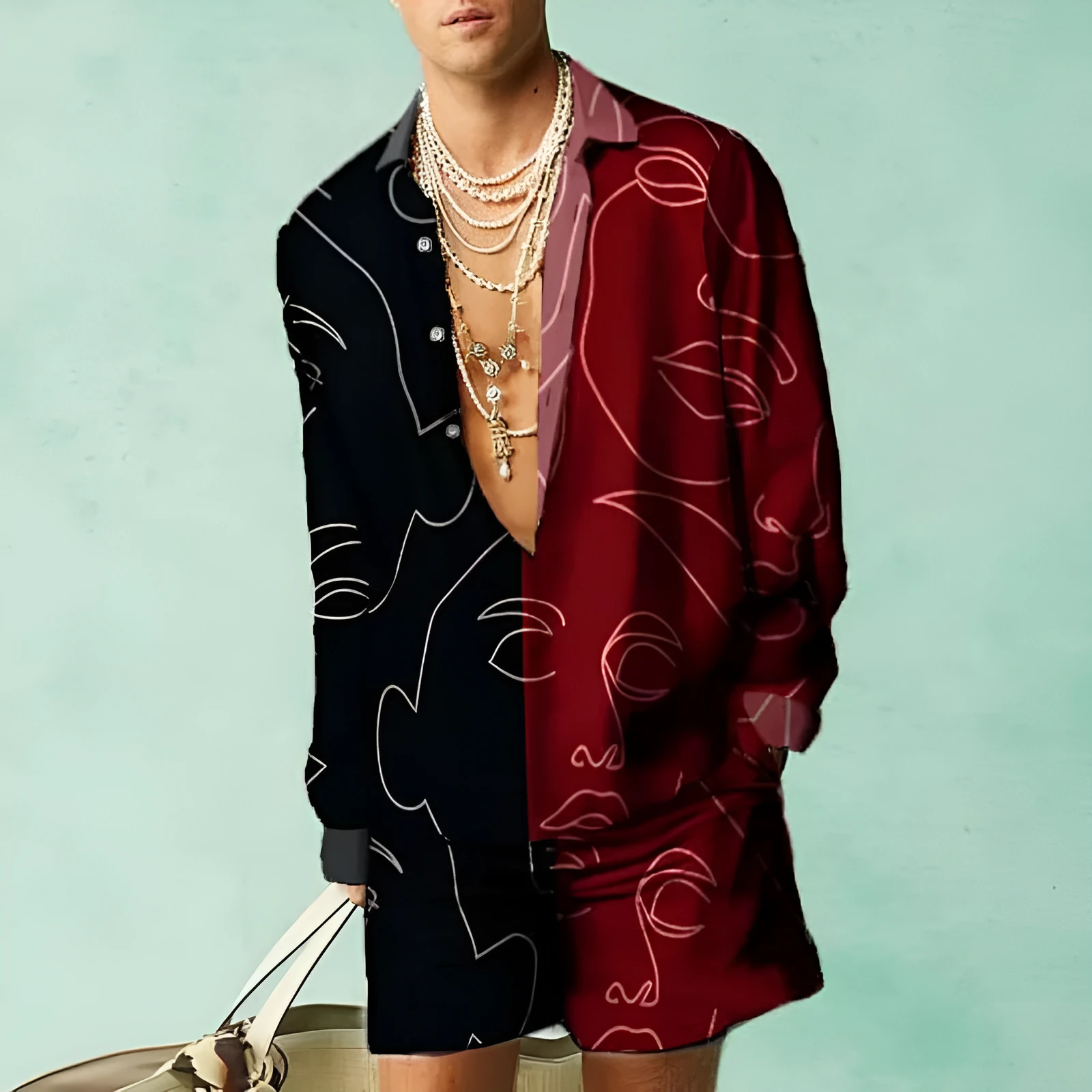 Men's slim fit polyester shirt and loose casual shorts matching set on a hanger.