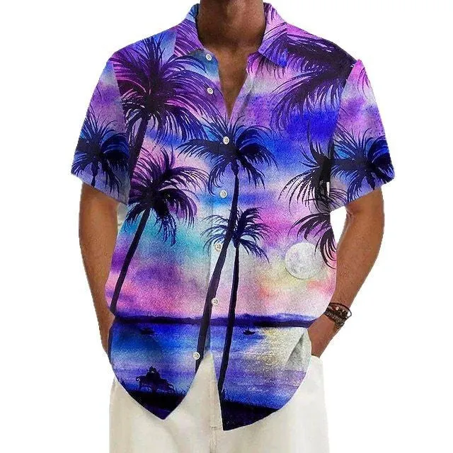 Men's printed casual polyester shirt on a hanger, showing one of eight available colour options.