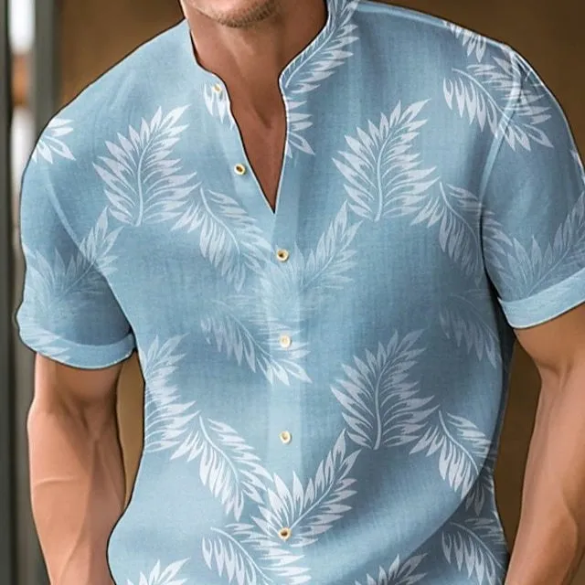 Men's printed casual polyester shirt on a hanger, showing one of eight available colour options.