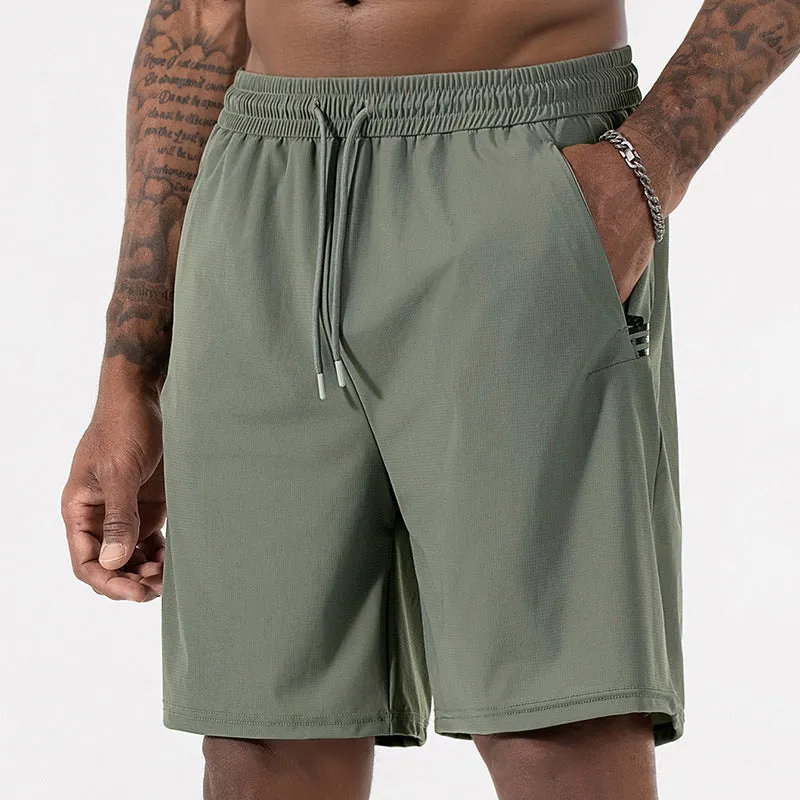 Men's black ice silk quick-drying shorts with drawstring waist and cropped length for sports activities