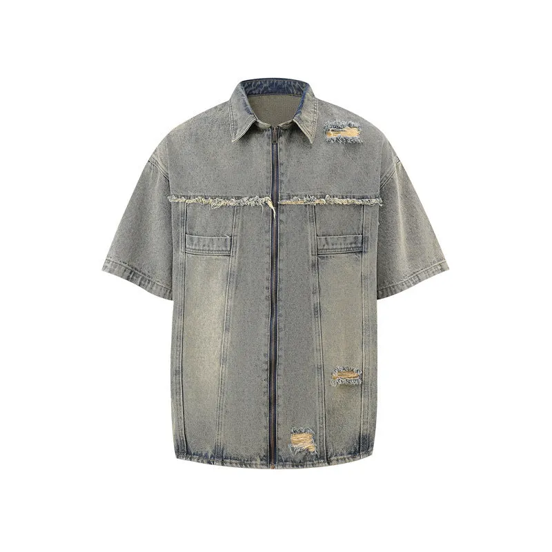 Denim overall suit matching set with short sleeve top and trousers in street style loose fit