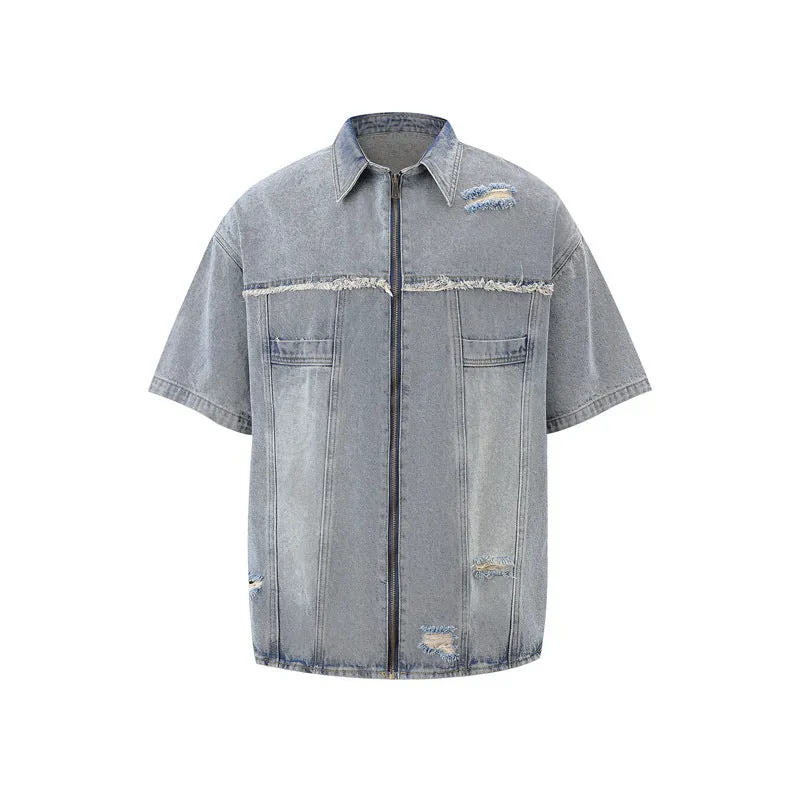 Denim overall suit matching set with short sleeve top and trousers in street style loose fit