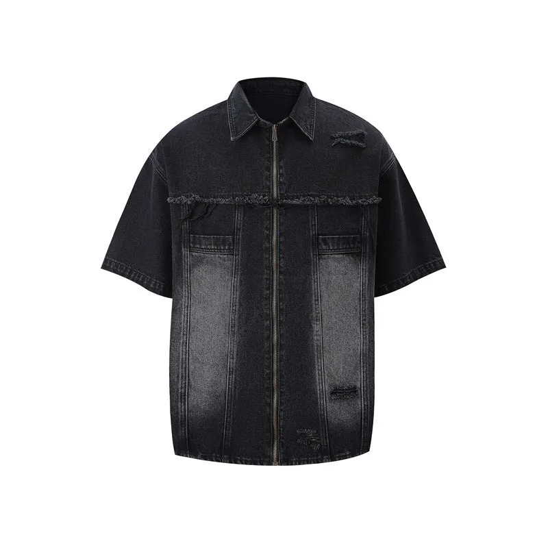 Denim overall suit matching set with short sleeve top and trousers in street style loose fit