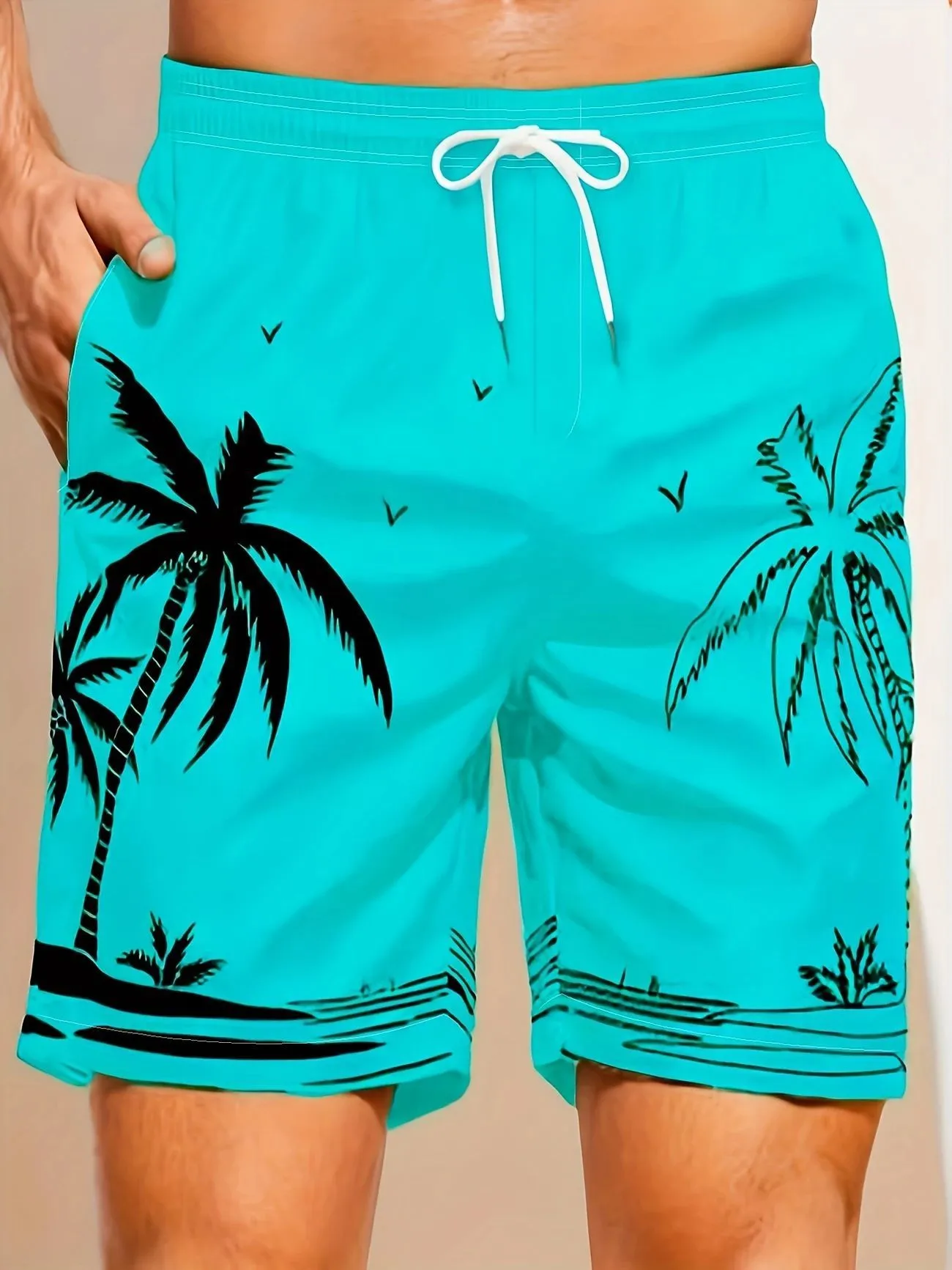 Men's solid colour quick-dry swimming trunks made from elastic polyester fabric.