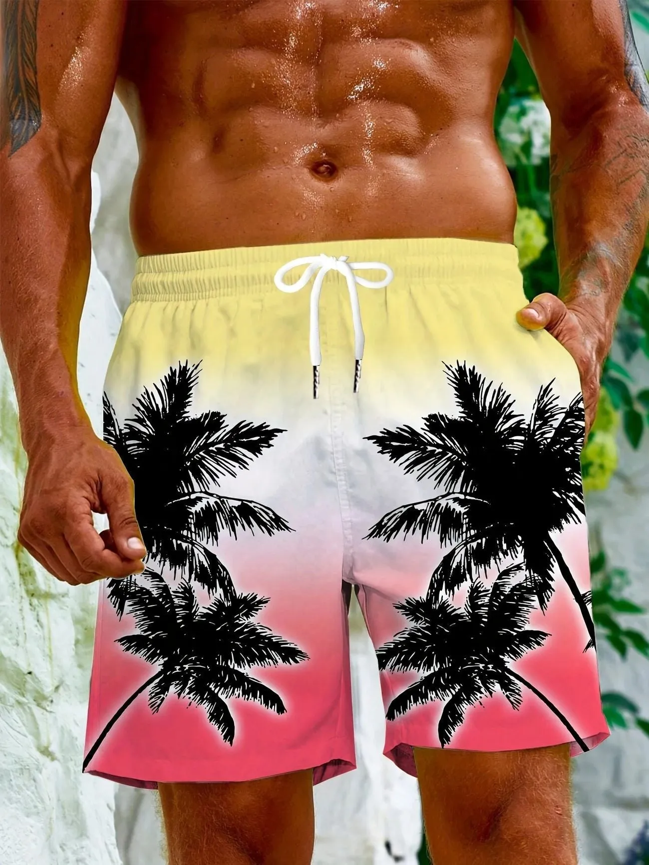 Men's solid colour quick-dry swimming trunks made from elastic polyester fabric.