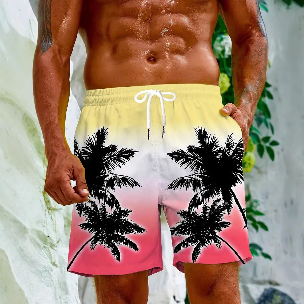 Men's solid colour quick-dry swimming trunks made from elastic polyester fabric.
