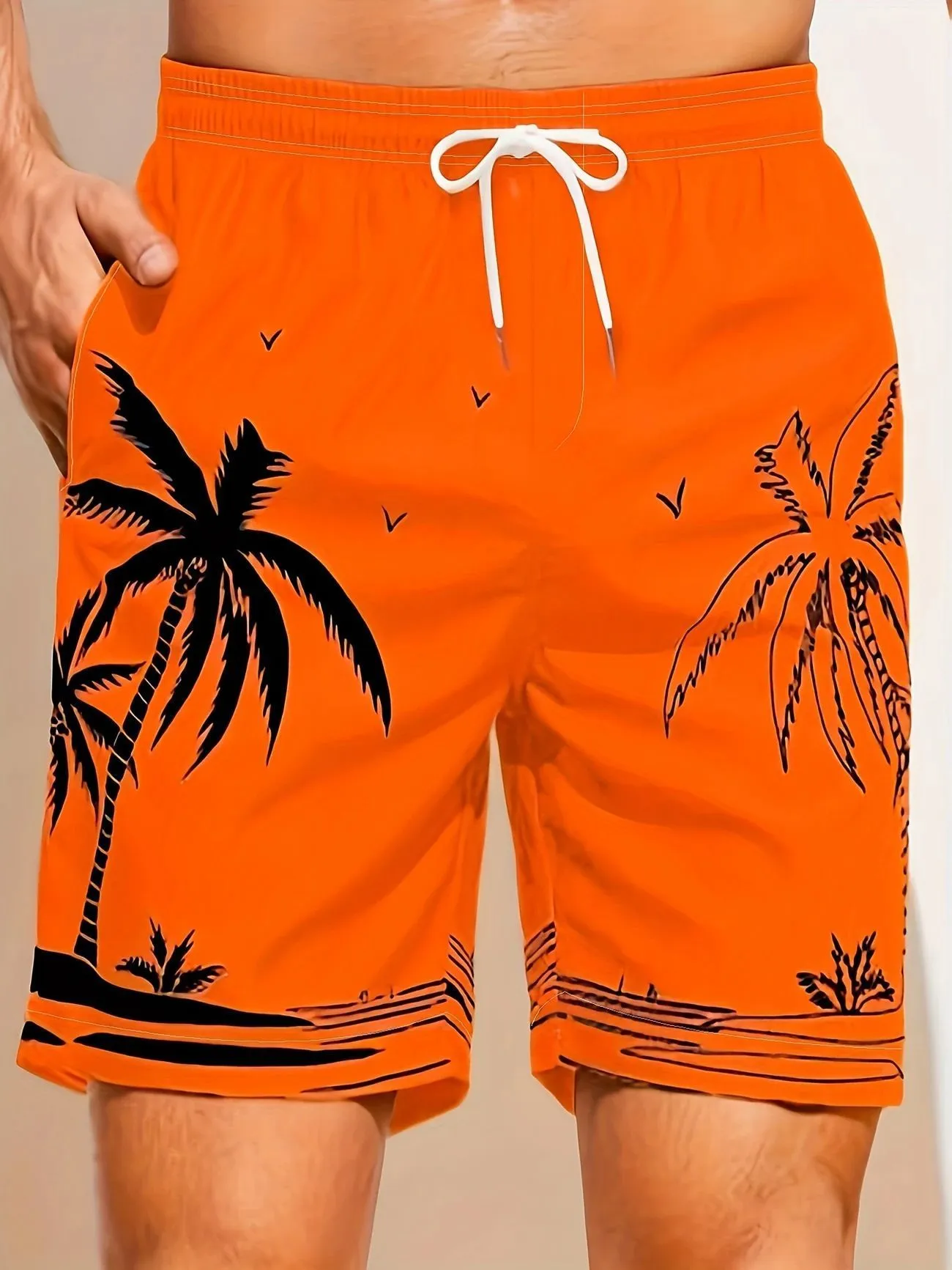 Men's solid colour quick-dry swimming trunks made from elastic polyester fabric.