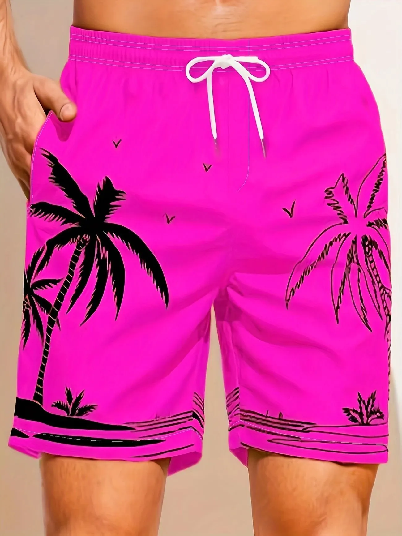 Men's solid colour quick-dry swimming trunks made from elastic polyester fabric.