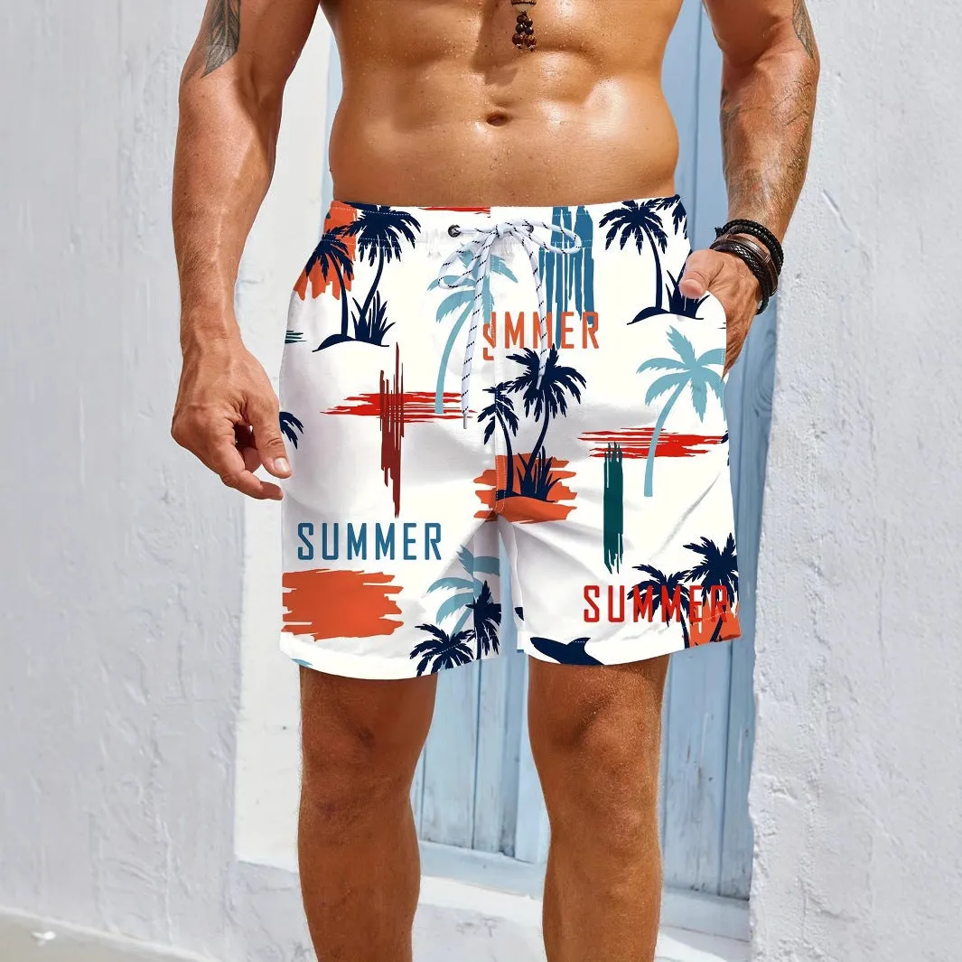 Men's solid colour quick-dry swimming trunks made from elastic polyester fabric.