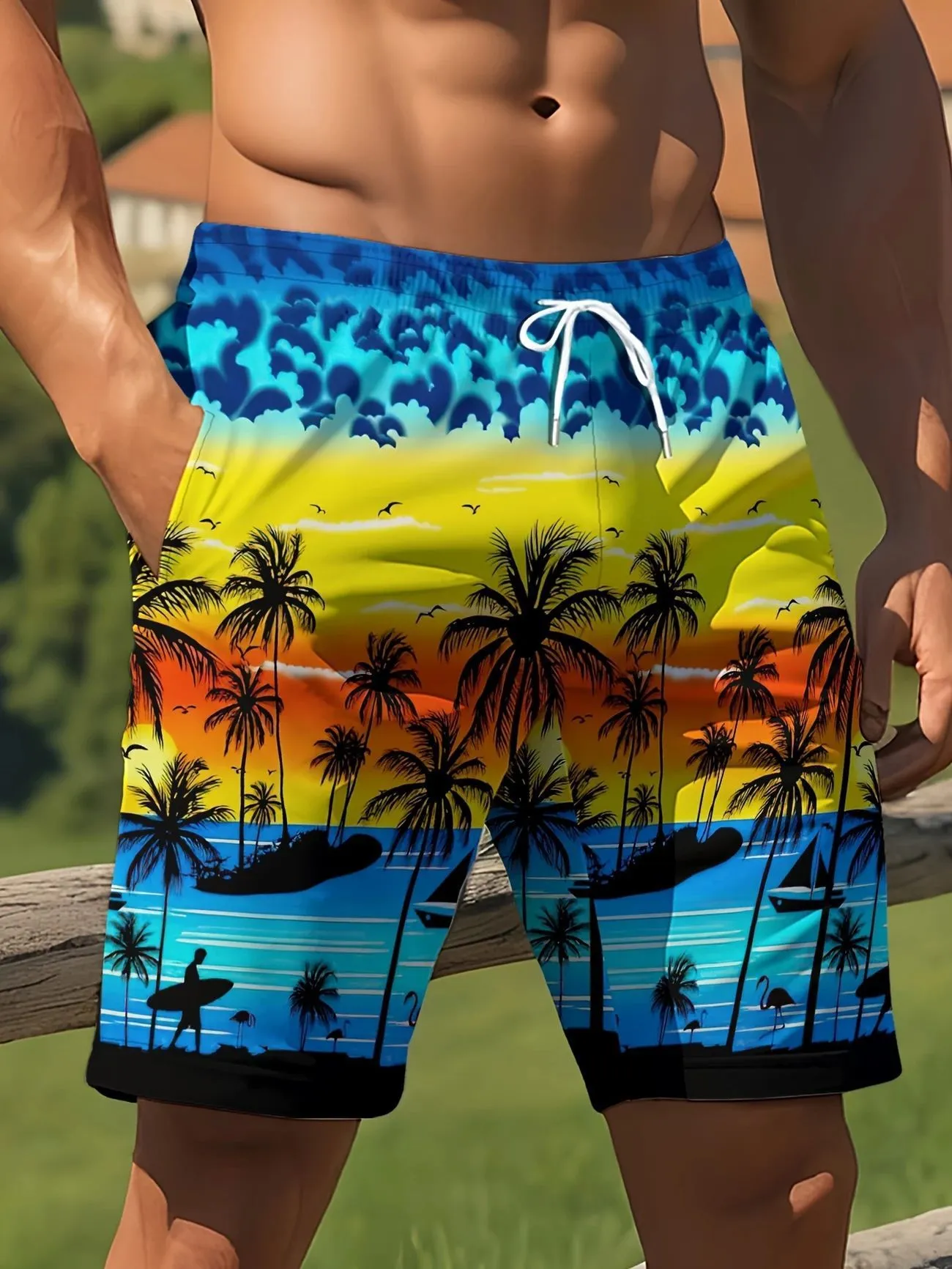 Men's solid colour quick-dry swimming trunks made from elastic polyester fabric.