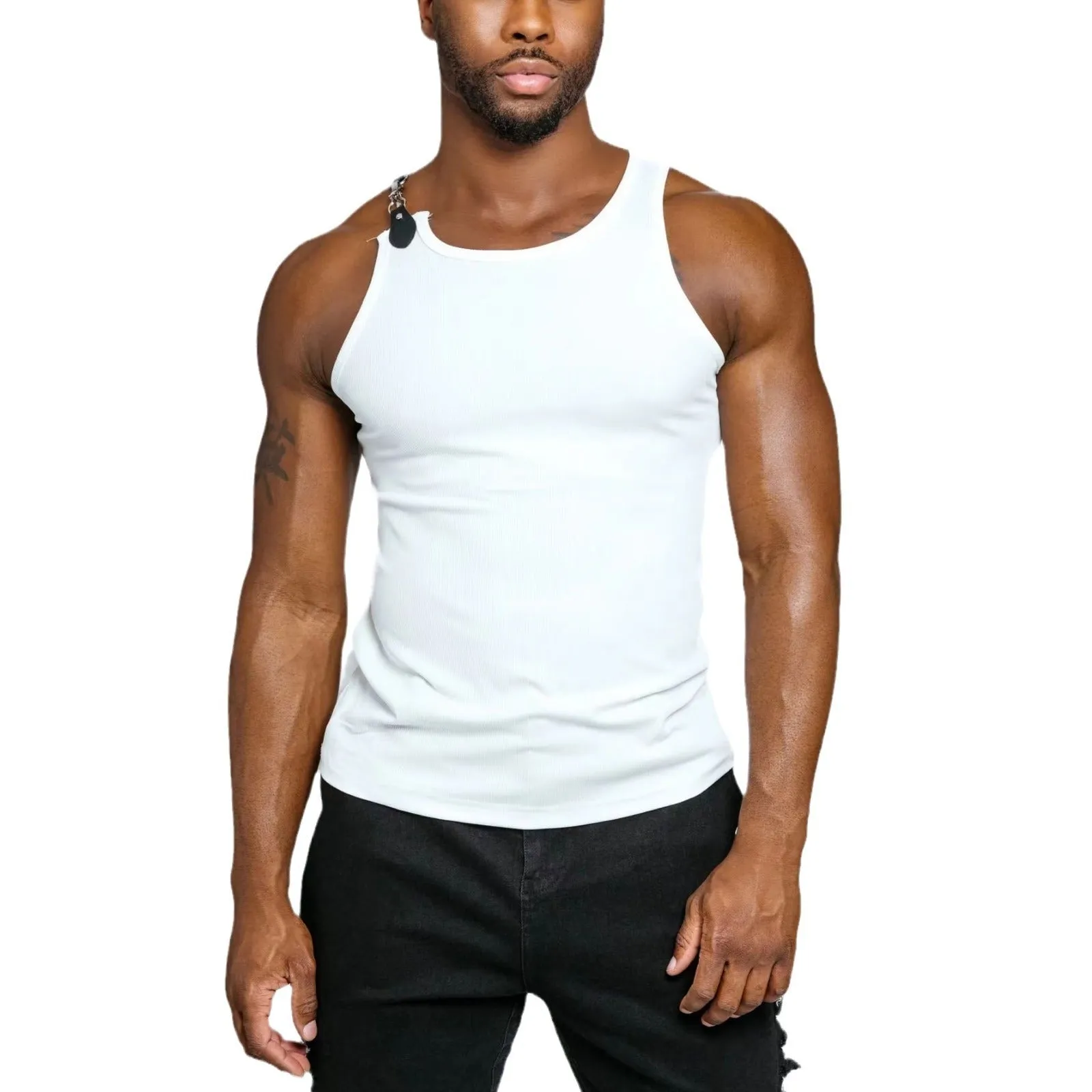 Cotton blend sleeveless vest in white or black with close-fitting design for casual summer wear