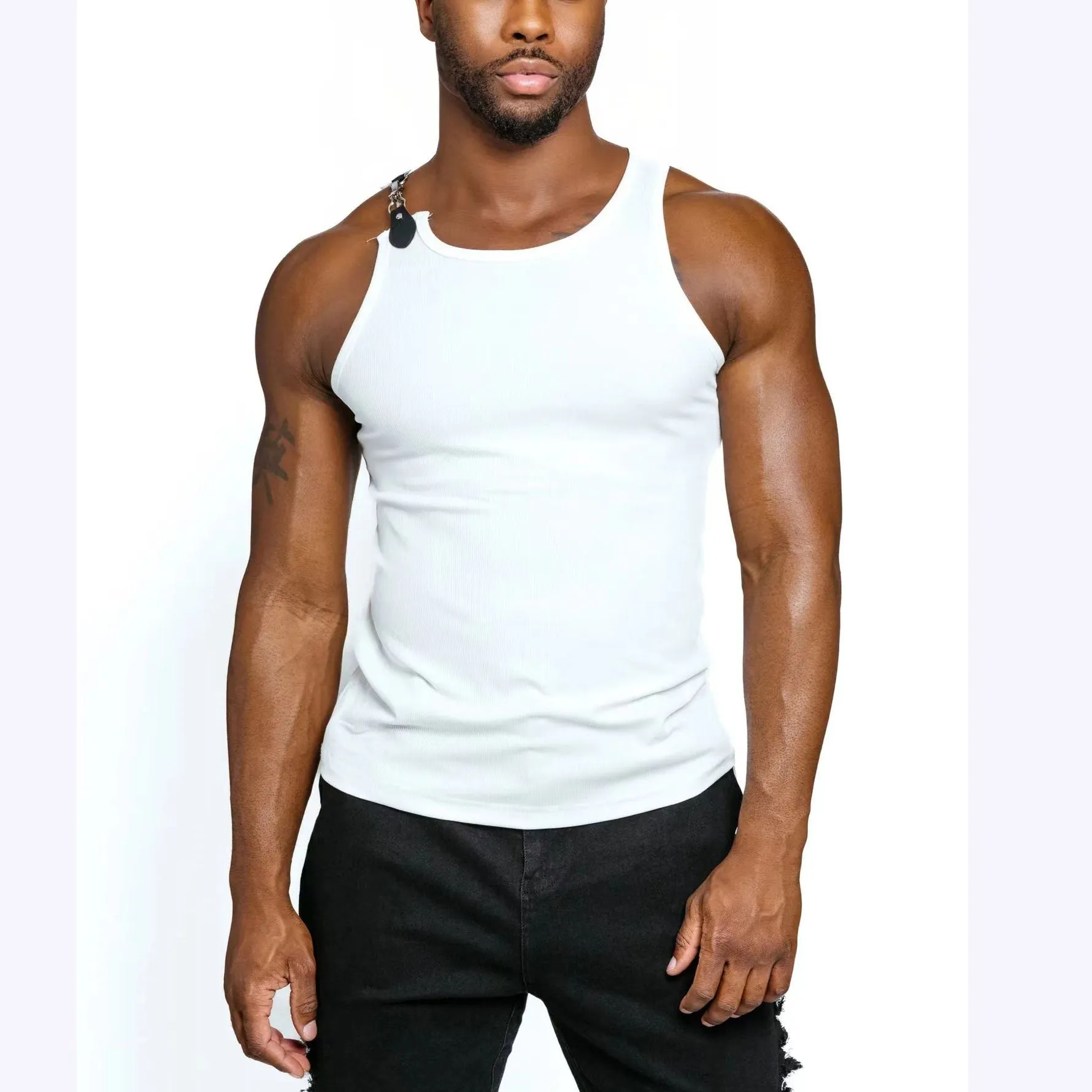 Cotton blend sleeveless vest in white or black with close-fitting design for casual summer wear