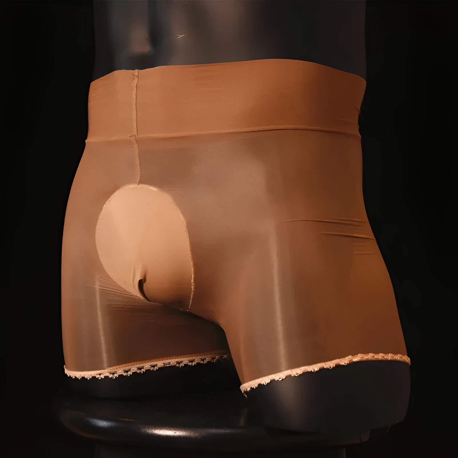 Men's shiny stockings underwear in transparent nylon showing U-shaped bag style and mid waist design