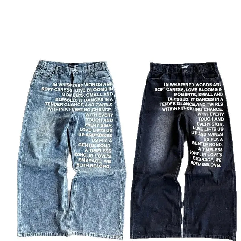 Men's black and blue cotton wide-leg straight casual trousers on a hanger, showing loose fit