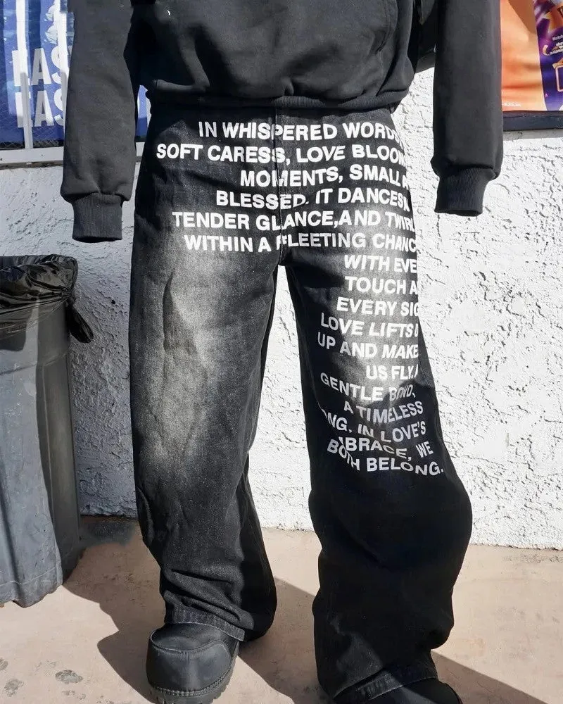 Men's black and blue cotton wide-leg straight casual trousers on a hanger, showing loose fit