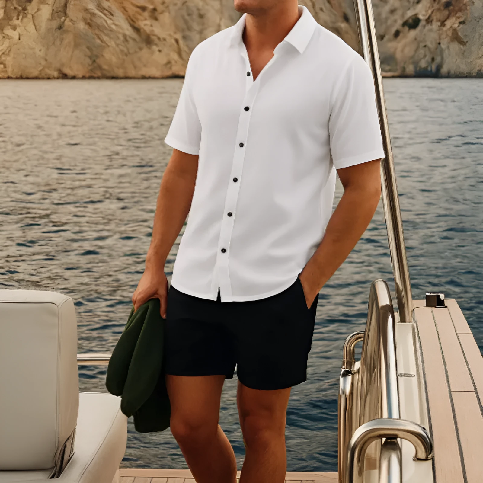 Men's waffle knit short sleeve shirt and matching shorts set in polyester fabric for summer