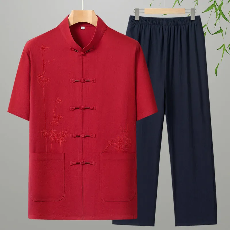 Men's cotton short-sleeved leisure suit in various colours for older gentlemen summer wear