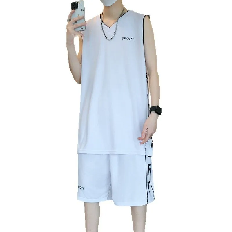Men's grey polyester sleeveless basketball vest and matching shorts sports set laid flat