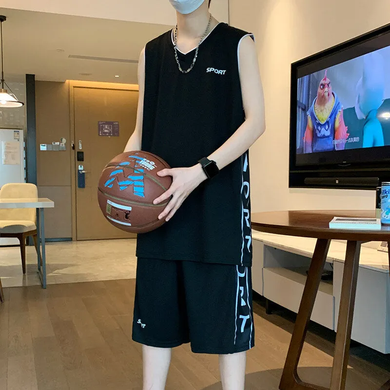 Men's grey polyester sleeveless basketball vest and matching shorts sports set laid flat