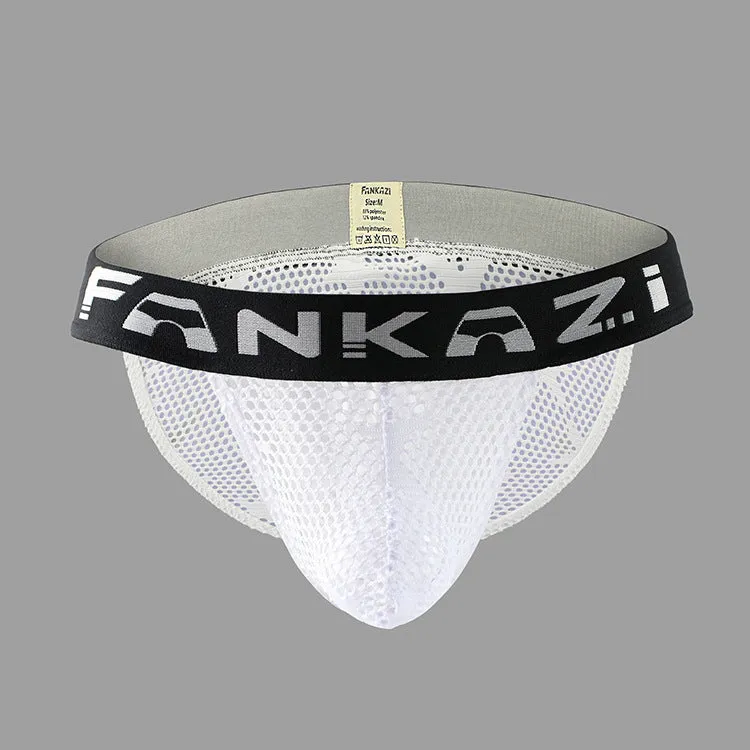 Men's white and black hollow mesh underwear briefs, showing low waist and high fork design.
